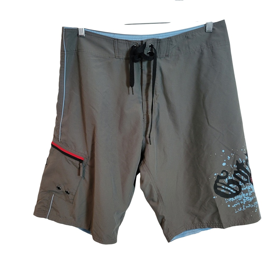 Gotcha Men Gray Graphic Board Shorts Swim Trunks Size 36 Cargo Pocket 1978 Patch